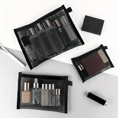 1/3 قطع (سحاب علوي) مجموعة حقيبة سفر للمستحضرات الخفيفة المصنوعة من الشبك - حقيبة تخزين مستحضرات التجميل ذات سحاب علوي - مناسبة للمستحضرات والاكسسوارات - قابلة للغسل باليد بتصميم بسيط - محفظة نقود متعددة الوظائف وصندوق تخزين