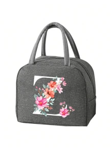 2 件 - 字母印花图案保温袋和餐具收纳袋、保温午餐袋 - 粉色花朵和白色字母图案、手提包、午餐盒、冰袋、野餐食品手提包、帆布轻便便携式午餐收纳袋