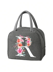 2 件 - 字母印花图案保温袋和餐具收纳袋、保温午餐袋 - 粉色花朵和白色字母图案、手提包、午餐盒、冰袋、野餐食品手提包、帆布轻便便携式午餐收纳袋