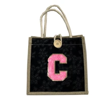 1 件毛巾刺绣首字母图案手提包，花卉印花亚麻手提包，小号花卉亚麻纽扣装饰手提包，简约大容量手提包，便携休闲收纳手提包，多功能购物袋，新设计，大容量，购物的理想选择，单肩包，手提包，午餐包，午餐盒，斜挎包