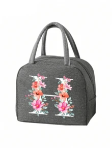2 件 - 字母印花图案保温袋和餐具收纳袋、保温午餐袋 - 粉色花朵和白色字母图案、手提包、午餐盒、冰袋、野餐食品手提包、帆布轻便便携式午餐收纳袋