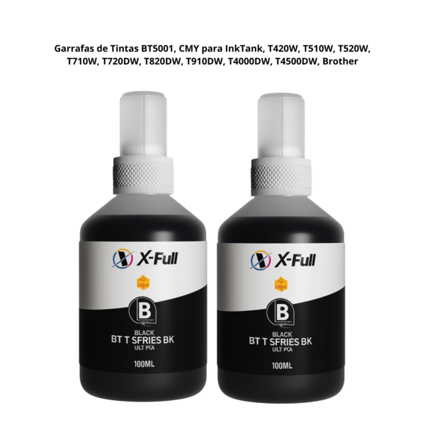 Kit de 2 Garrafa de Tinta Preta 100m,l BT5001, CMY para InkTank, T420W, T510W, T520W, T710W, T720DW, T820DW, T910DW, T4000DW, T4500DW, Brother