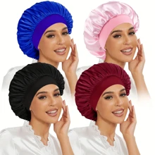1pc Wide Strip Elastic Headband Cap, Women Soft Satin Sleep Cap, Stretchy Solid Color Smooth Shower Cap, Suitable For Hair