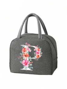 2 件 - 字母印花图案保温袋和餐具收纳袋、保温午餐袋 - 粉色花朵和白色字母图案、手提包、午餐盒、冰袋、野餐食品手提包、帆布轻便便携式午餐收纳袋