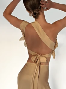 Women's 3D Flower Gorgeous Sequin Decor One Shoulder Sleeveless Bandeau Top Slim Fit Going Out Party Camisole - 金色 - 查看 6