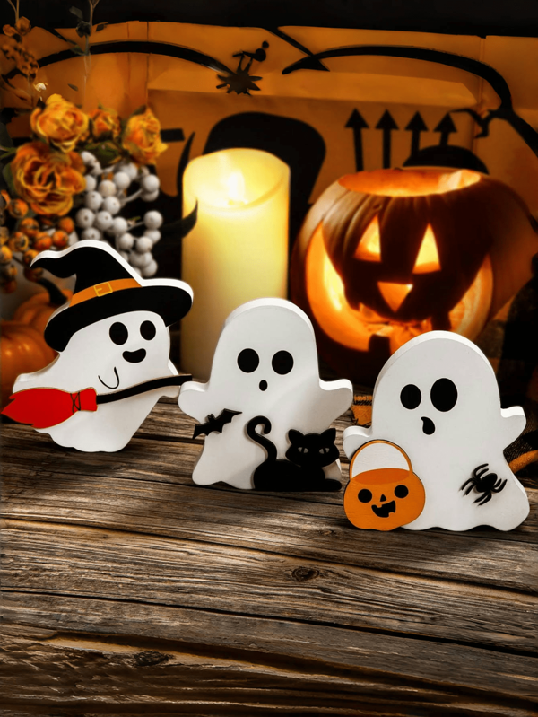 3pcs-Halloween Ghost Decorations Indoors, Retro And Cute Halloween Decorations, Wooden Layered Tray Ghost Decorations, Cute Ghost Halloween Decorations Indoors, Black Cat, Bat, Witch Broom Logo, Pumpkin Blocks For Party Family Shelves Display