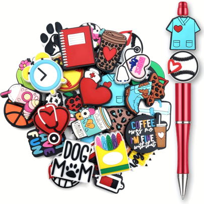 48pcs Assorted Stationery Series Silicone Bead Sets For Beaded Pen, Back To School, Holiday Decor, Gifts DIY Jewelry Making