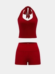 Conjunto feminino casual esportivo de 2 peças, composto por regata e shorts, com listras coloridas. - Borgonha - Ver 9