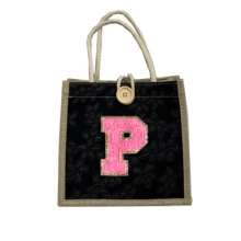 1 件毛巾刺绣首字母图案手提包，花卉印花亚麻手提包，小号花卉亚麻纽扣装饰手提包，简约大容量手提包，便携休闲收纳手提包，多功能购物袋，新设计，大容量，购物的理想选择，单肩包，手提包，午餐包，午餐盒，斜挎包