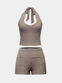 Conjunto de 2 piezas para mujer de top halter y shorts a rayas para actividades deportivas y de ocio en el hogar