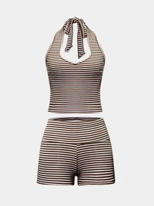 Women's Two Pieces Sports And Leisure Home Halter Vest Shorts Color Striped Suit