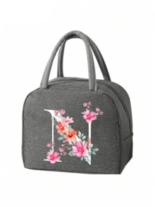 2 件 - 字母印花图案保温袋和餐具收纳袋、保温午餐袋 - 粉色花朵和白色字母图案、手提包、午餐盒、冰袋、野餐食品手提包、帆布轻便便携式午餐收纳袋