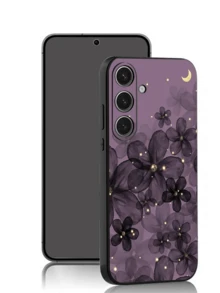 黑色花卉时尚单件紫色扎染月亮防摔防滑黑色手机壳，兼容三星Galaxy A04e/A05s/A13/A14/A15/A34/A35/A50/A52/A53/A54/S21/S22/S23/S24/S25/S25，超强防水防震防刮，春季礼物，生日派对适用，国际版，非国内版 - 黑色 - 查看 3