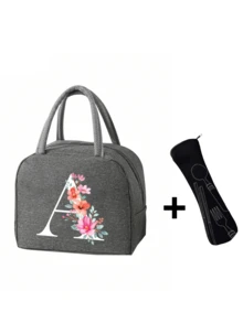 2 件 - 字母印花图案保温袋和餐具收纳袋、保温午餐袋 - 粉色花朵和白色字母图案、手提包、午餐盒、冰袋、野餐食品手提包、帆布轻便便携式午餐收纳袋