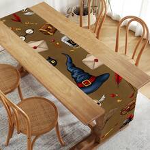 1pc/270pcs Halloween Table Runner, Brown Background With Magic Hat & Broom Design Elements, Polyester Material, 30x180cm, Halloween & Day Of The Dead Home Party, Horror Atmosphere Restaurant Living Room Table Centerpiece Decor, Indoor Outdoor Dining Table Decoration, Suitable For Holidays, Parties, Birthdays, Dinners, Kitchen, Dining Room, All Seasons Home & Room Decor - Brown Magic Hat Broom - View 4