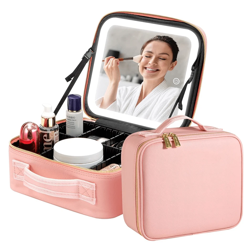 Leather Makeup Case With LED Mirror - Rosa Pálido - Ver 1