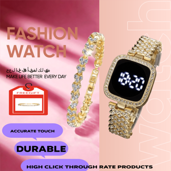 1 套数字手表，包括手链、方形 LED 女士手表、合金触摸屏时尚电子女士手表，适合日常生活和社交活动