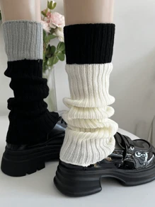 1 双极简拼色针织腿套，百搭学院风性感针织袜，女士小腿袜和腿套秋季配饰 - 彩色 - 查看 7