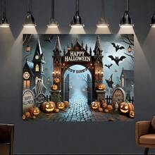 1pc Mysterious Castle Banner, Gothic Style, Featuring Ghost, Pumpkin Lantern, And Bat Designs, Is Suitable For Halloween Parties, Anniversaries, Photo Props, Horror Parties, Courtyards, Wall Decorations, Indoor/Outdoor, Cinema Decoration, And Party Decorations
