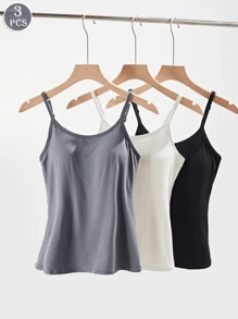 3PCS Pure Color Women's Spaghetti Strap Vest, No Steel Underwire, Double-Layer Design, Built-In Fixed Cup Insert, Adjustable Shoulder Straps, Soft And Delicate Fabric, Comfortable, Suitable For Indoor And Outdoor Use. Can Be Paired With Women's Undergarments As A Base Layer Vest.