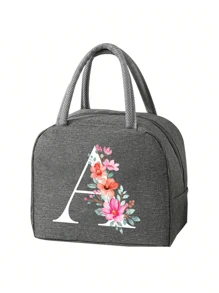 2 件 - 字母印花图案保温袋和餐具收纳袋、保温午餐袋 - 粉色花朵和白色字母图案、手提包、午餐盒、冰袋、野餐食品手提包、帆布轻便便携式午餐收纳袋