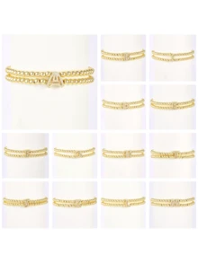 1pc Classic Gold-Plated Zirconia Beaded Balloon A-Z Letter Charm Bracelet, Bubble Initial Charm Bracelet, Stretchy Jewelry For Women & Men - Gold - View 5