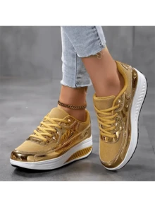 Women's Thick Sole Casual Sneakers, Glitter Breathable Platform Shoes, Summer Shoes, Elevator Shoes - Gold - 金色 - 查看 4
