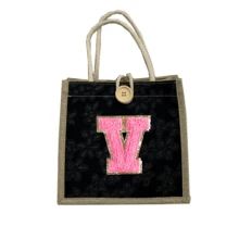 1 件毛巾刺绣首字母图案手提包，花卉印花亚麻手提包，小号花卉亚麻纽扣装饰手提包，简约大容量手提包，便携休闲收纳手提包，多功能购物袋，新设计，大容量，购物的理想选择，单肩包，手提包，午餐包，午餐盒，斜挎包