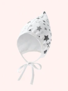 3件套婴儿0-6个月柔软亲肤尖头帽带带子，新生儿医院帽，适合所有季节，男女通用 - 星星款 - 查看 3