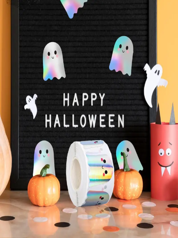 500pcs Halloween Stickers Roll - Ghost & Pumpkin Decorative Static Cling Stickers For Bathroom Wall, Glass Window, Soft Blue, Pink, Purple & Rainbow Effects - Waterproof Self-Adhesive Party Decor, Suitable For Halloween, Scrapbooking, Gift Wrapping - Party Supplies, Halloween Home Decor, Holiday Gifts
