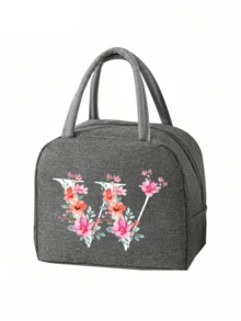 2 件 - 字母印花图案保温袋和餐具收纳袋、保温午餐袋 - 粉色花朵和白色字母图案、手提包、午餐盒、冰袋、野餐食品手提包、帆布轻便便携式午餐收纳袋