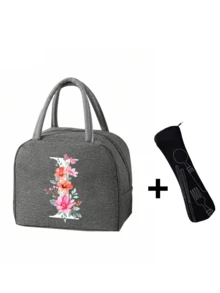 2 件 - 字母印花图案保温袋和餐具收纳袋、保温午餐袋 - 粉色花朵和白色字母图案、手提包、午餐盒、冰袋、野餐食品手提包、帆布轻便便携式午餐收纳袋
