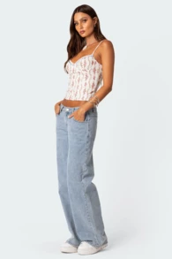 Printed V-Neck Back Lace-Up Strappy Top - Spring And Summer Short-Sleeved Strappy Top. - 白色 - 查看 4