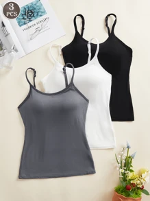 3PCS Pure Color Women's Spaghetti Strap Vest, No Steel Underwire, Double-Layer Design, Built-In Fixed Cup Insert, Adjustable Shoulder Straps, Soft And Delicate Fabric, Comfortable, Suitable For Indoor And Outdoor Use. Can Be Paired With Women's Undergarments As A Base Layer Vest.
