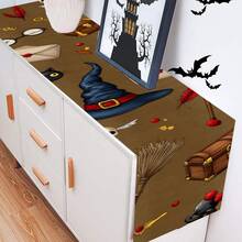 1pc/270pcs Halloween Table Runner, Brown Background With Magic Hat & Broom Design Elements, Polyester Material, 30x180cm, Halloween & Day Of The Dead Home Party, Horror Atmosphere Restaurant Living Room Table Centerpiece Decor, Indoor Outdoor Dining Table Decoration, Suitable For Holidays, Parties, Birthdays, Dinners, Kitchen, Dining Room, All Seasons Home & Room Decor - Brown Magic Hat Broom - View 6