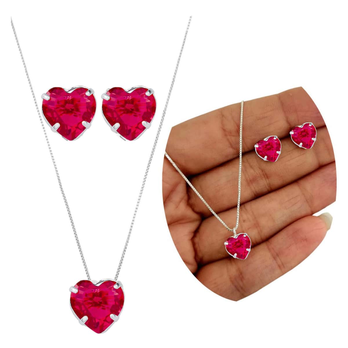 Necklace With Pendant And Earring For Women, Point Of Light, 925 Silver, Colorful Zirconia Stones, Water Green, Lilac, Red, Pink For Gift - Đỏ - Xem 1