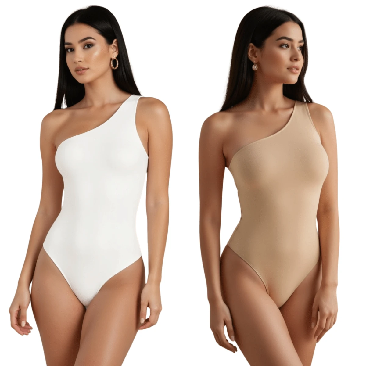 KIT 2 Women's Suplex Mula Manca Bodysuit With Lining, Thin Straps, One Shoulder - WHITE aND NUDE - View 1