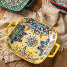 Bohemian Modern Ceramic Plates, 4 Counts/Set Square Plate With Handle, Salad Plate For Home Kitchen Dining Room, Serving Dinnerware, Dinnerware Sets, Dishwasher Safe Tableware, Modern Ceramic Dinnerware, Multicolor Kitchenware, Utensil - 彩色 - 查看 6