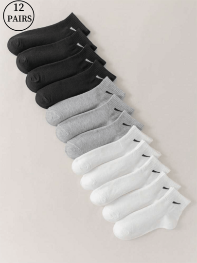 12 pares de meias esportivas One Stroke pretas, brancas, cinza e tricolores, misturadas e combinadas, versáteis para meninos e meninas, para uso diário, versáteis, macias, agradáveis à pele, confortáveis, respiráveis e à prova de odores, para homens e mulheres