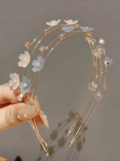 1 件双层发带 - 合金森林风格花朵发夹，带珍珠装饰花 - 适合女孩佩戴的发饰