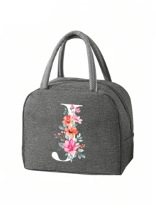 2 件 - 字母印花图案保温袋和餐具收纳袋、保温午餐袋 - 粉色花朵和白色字母图案、手提包、午餐盒、冰袋、野餐食品手提包、帆布轻便便携式午餐收纳袋