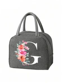 2 件 - 字母印花图案保温袋和餐具收纳袋、保温午餐袋 - 粉色花朵和白色字母图案、手提包、午餐盒、冰袋、野餐食品手提包、帆布轻便便携式午餐收纳袋