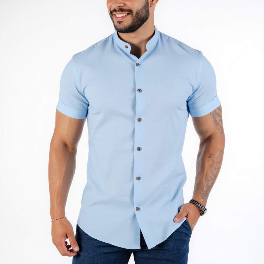 Men's Linen Priest Collar Shirt - Blue - View 1