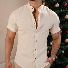 Men's Linen Priest Collar Shirt - Beige - View 1