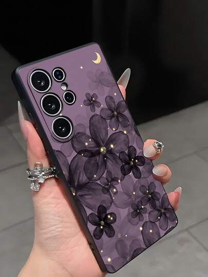 حافظة هاتف مضادة للسقوط ومانعة للانزلاق باللون الأسود مزينة بنقوش زهرية وصبغة نفطية بالأرجواني متوافقة مع هواتف جالاكسي A04e/A05s/A13/A14/A15/A34/A35/A50/A52/A53/A54/S21/S22/S23/S24/S25/S25Ultra مقاومة للماء والصدمات والخدش، هدية للربيع وعيد الميلاد