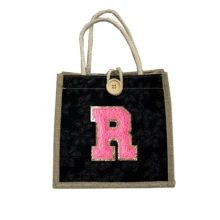 1 件毛巾刺绣首字母图案手提包，花卉印花亚麻手提包，小号花卉亚麻纽扣装饰手提包，简约大容量手提包，便携休闲收纳手提包，多功能购物袋，新设计，大容量，购物的理想选择，单肩包，手提包，午餐包，午餐盒，斜挎包