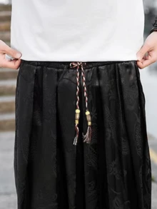 男士复古多臂灯笼裤，缎面柔软阔腿休闲运动裤，中国风抽绳腰太极功夫裤，度假沙滩瑜伽裤，春秋 - 黑色 - 查看 5