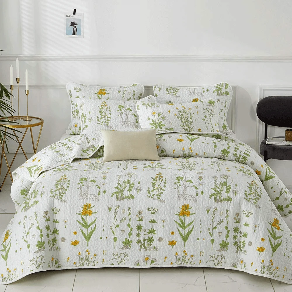 3Pcs Green Floral Coverlet Set-Printed Quilted Bedspread Sets, Suitable For Bedroom, Home Room Decor, Dorm Decoration, Valentine Day Gifts, All Seasons - Sage Green - 查看 1