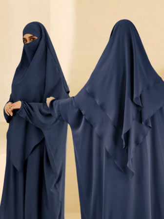 2-delat set hijab + abaya-kombination, abaya byst 230 cm, längd 143 cm, lös och bekväm, hijablängd 125 cm, dubbla remmar för klänning