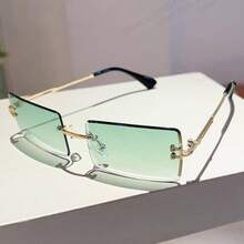 1 件女士方形无框渐变绿镜片时尚眼镜，适合户外使用，矩形太阳镜